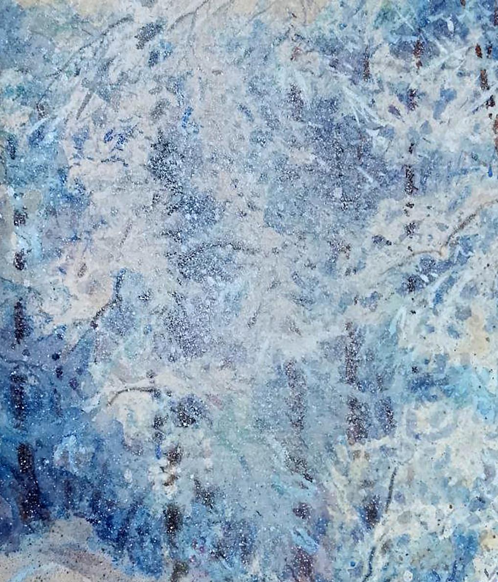 Abstract blue white textured oil painting of winter forest by Vitaly Duhnevich