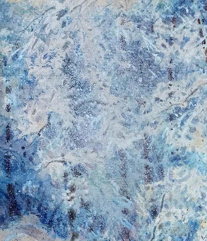 Abstract blue white textured oil painting of winter forest by Vitaly Duhnevich