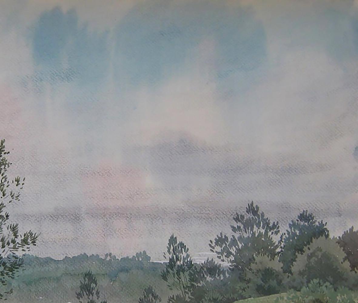 Watercolor painting Winding Summer River by Valery Savenets, soft blues grays greens landscape
