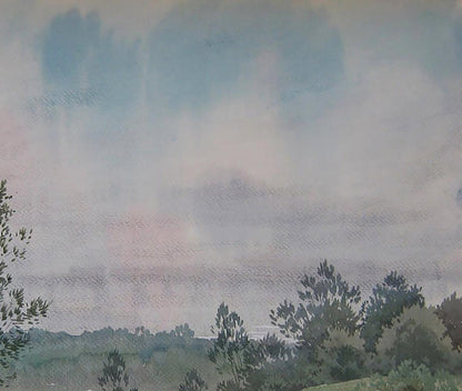 Watercolor painting Winding Summer River by Valery Savenets, soft blues grays greens landscape