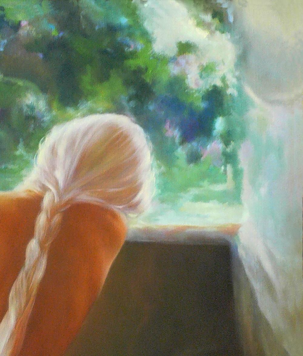 Oil painting portrait back view of female figure with soft white braided hair by Vasily Korkishko