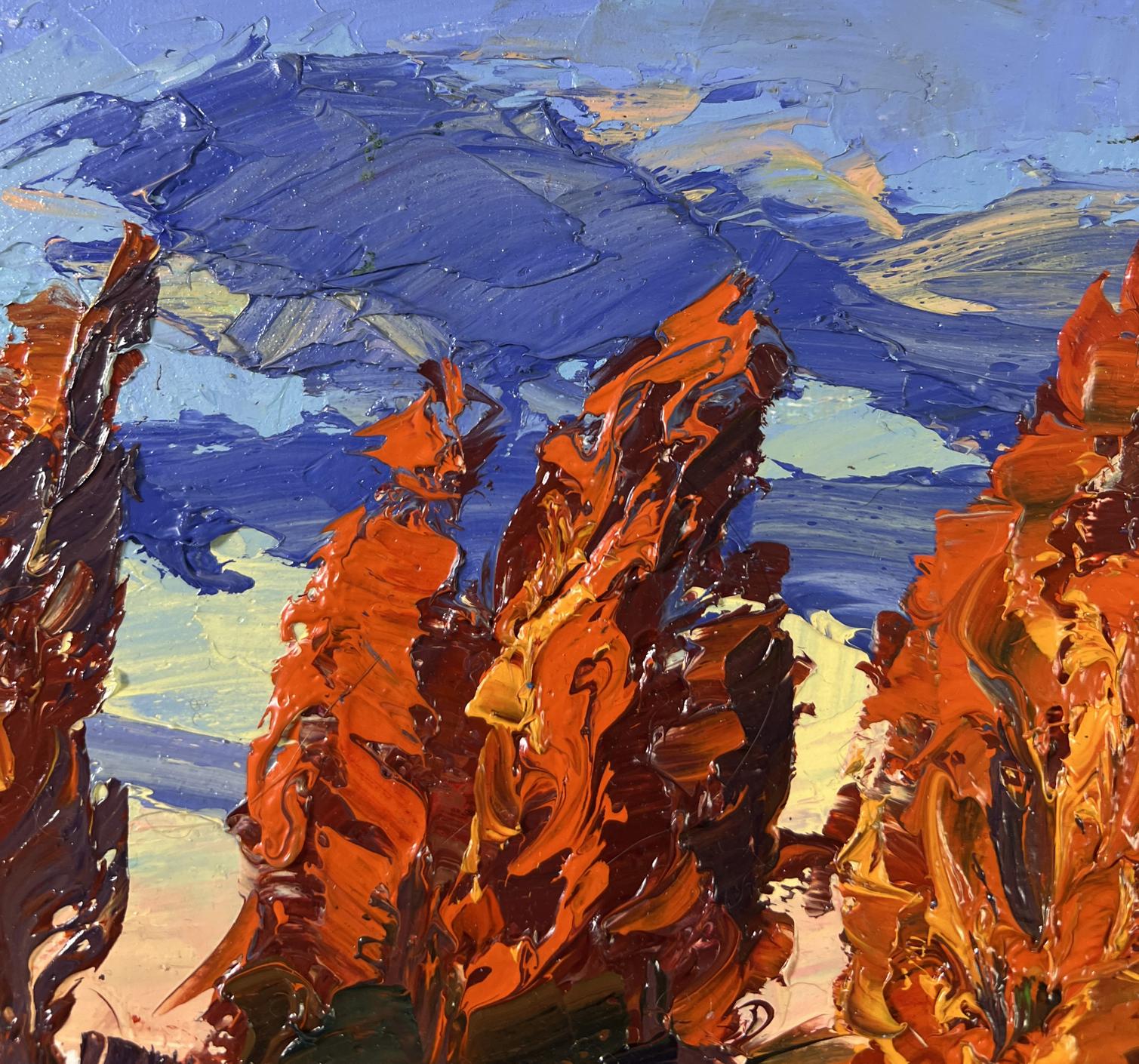 Oil painting Autumn poplars by Boris Serdyuk: vibrant orange red rocks blue sky