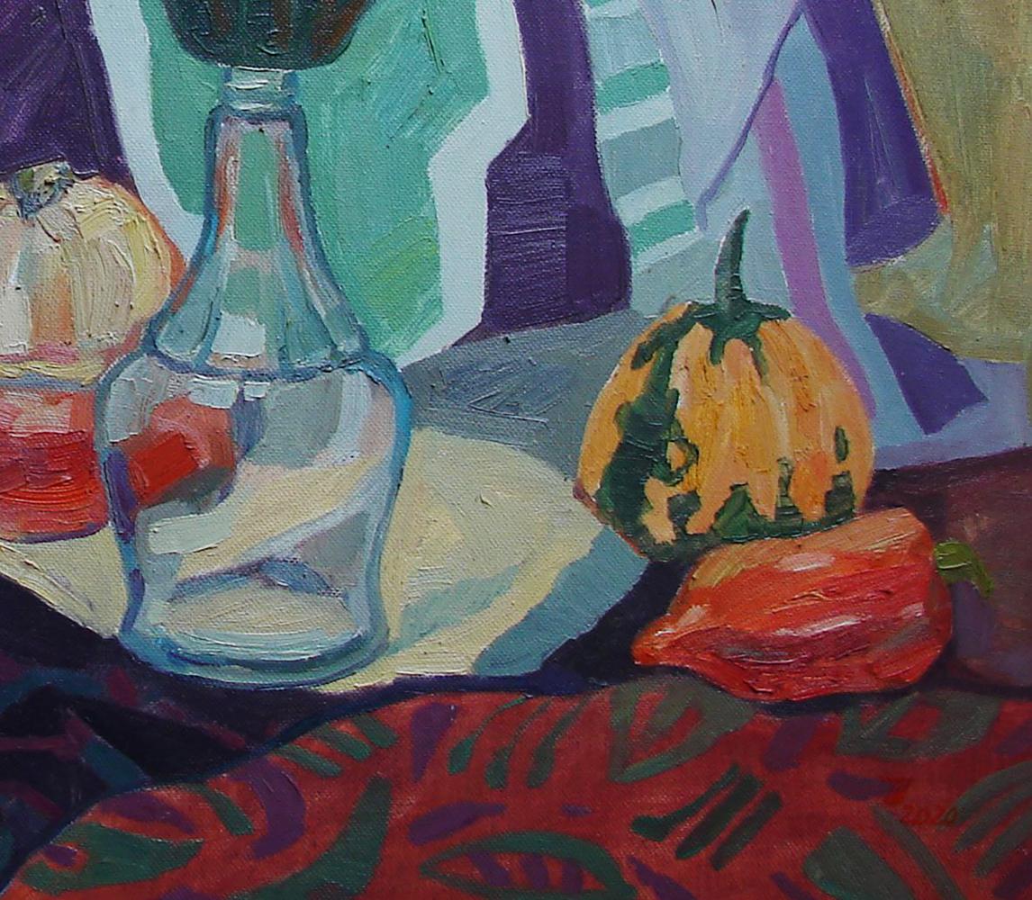 Oil painting still life with watermelons and peppers by Tatyana Shulyak in translucent blue glass bottle