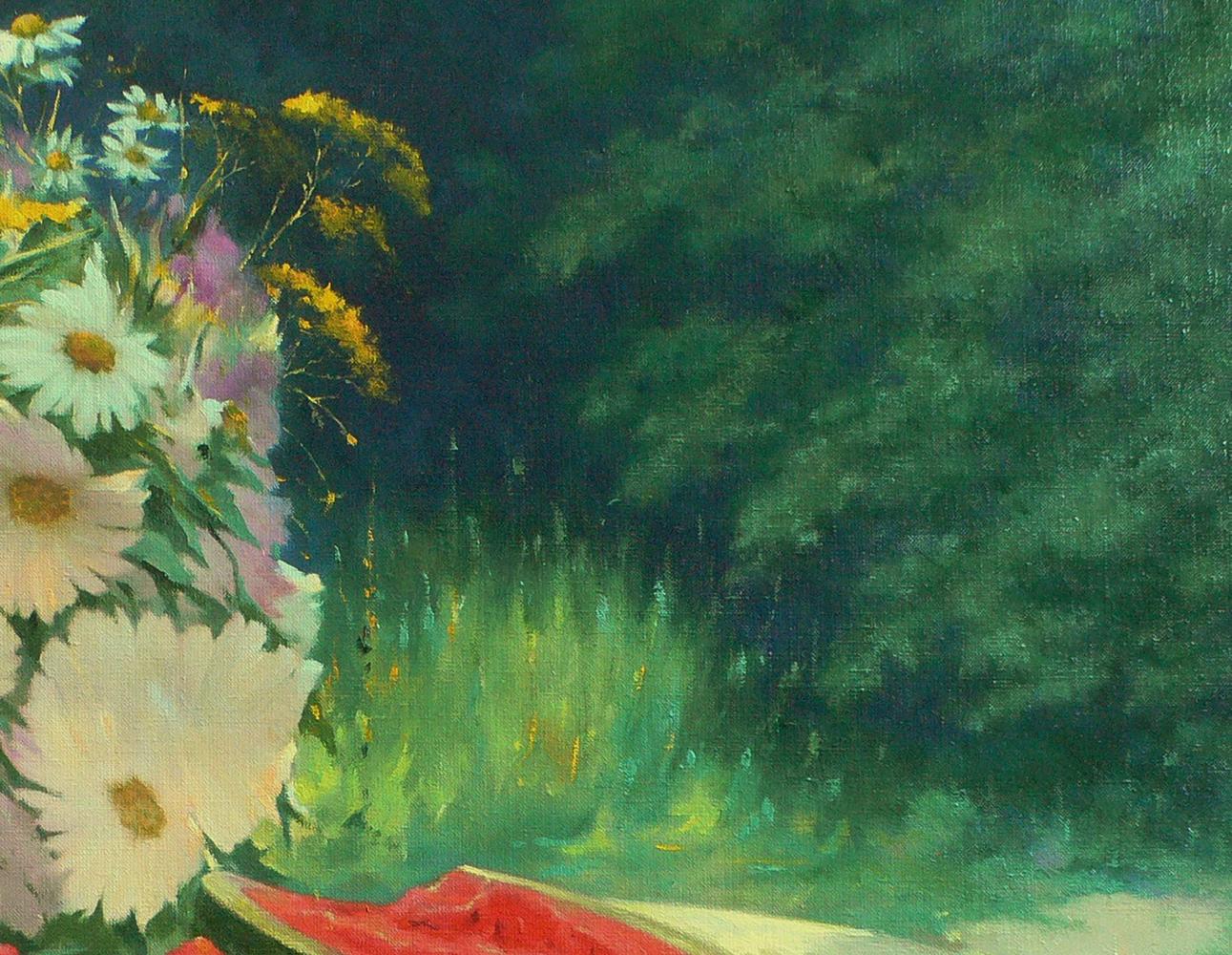 Oil painting by Vasily Korkishko: vibrant bouquet of white daisies, yellow and purple flowers in lush garden