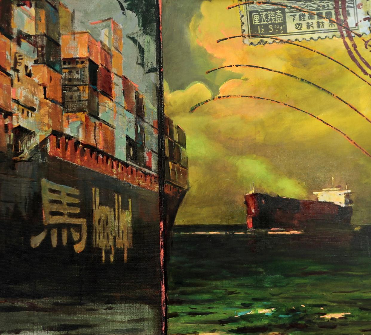 Oil painting Assol Ed Potapenkov: massive container ship with yellow lettering