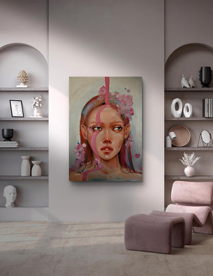 Oil painting Pink rain by Victoria Kagalovska on gray wall