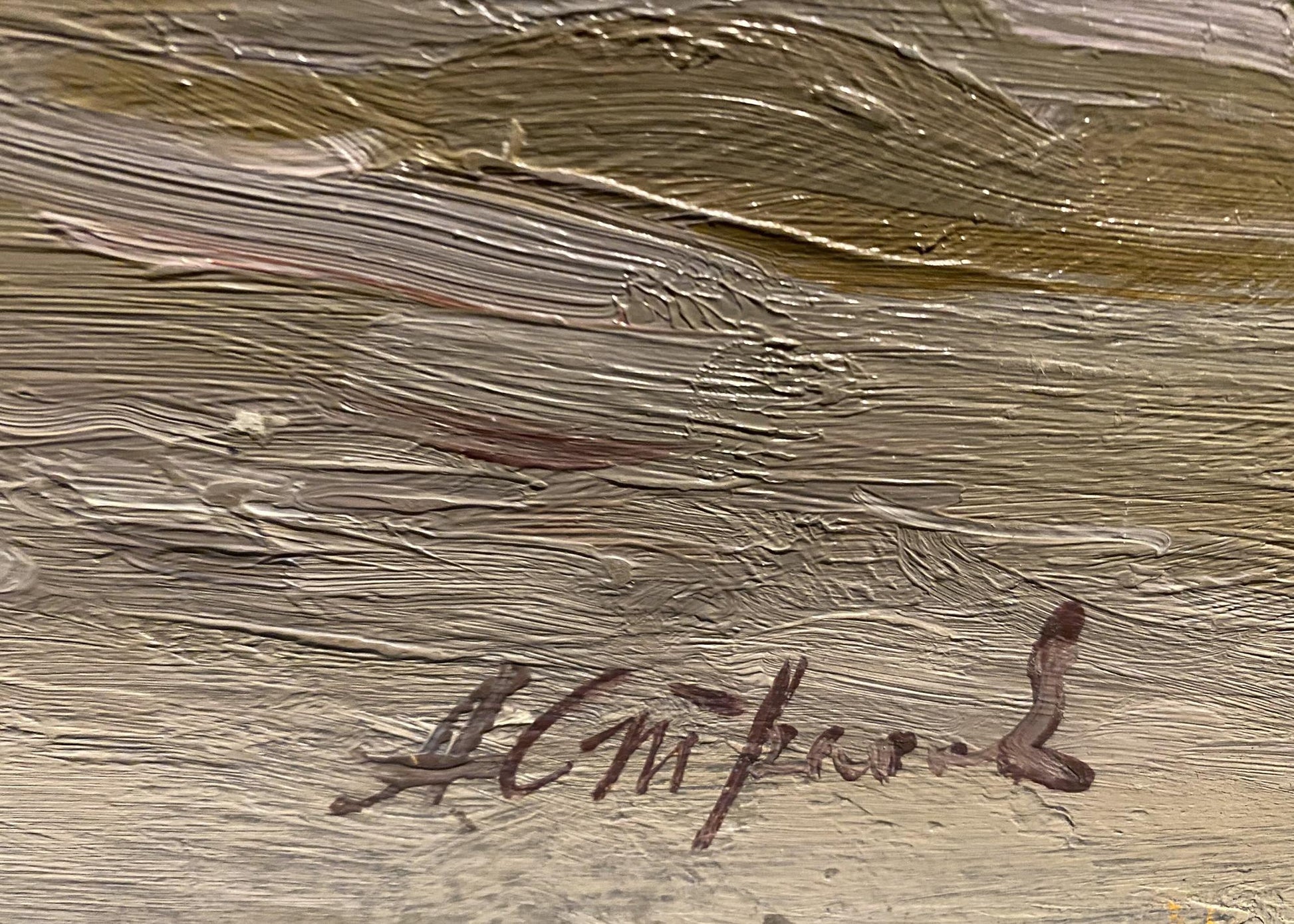 Back of textured earth-toned oil painting Sea in December by Arkady Strelov
