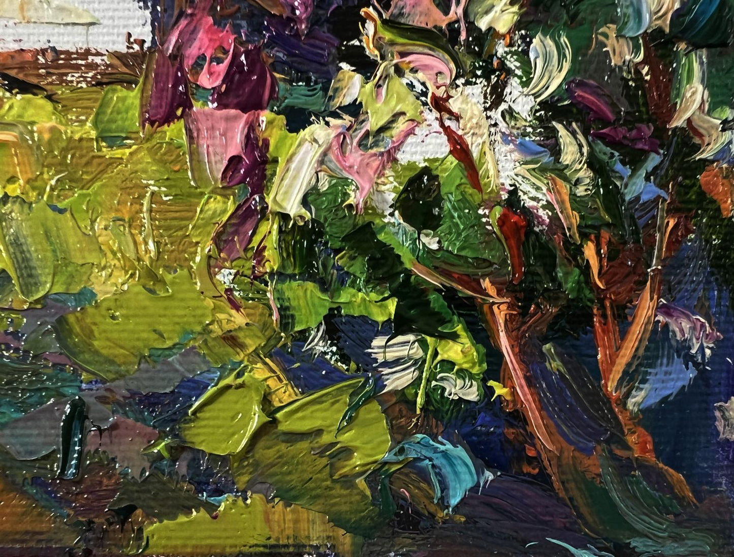 Oil painting of flowering bush in garden by Oksana Ivanyuk