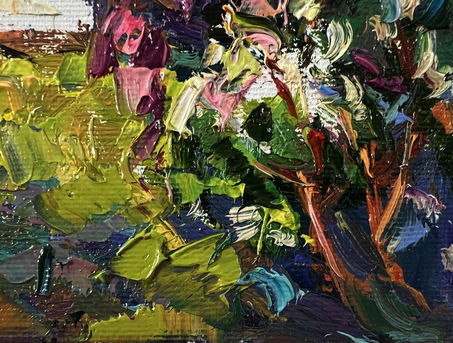 Oil painting of flowering bush in garden by Oksana Ivanyuk