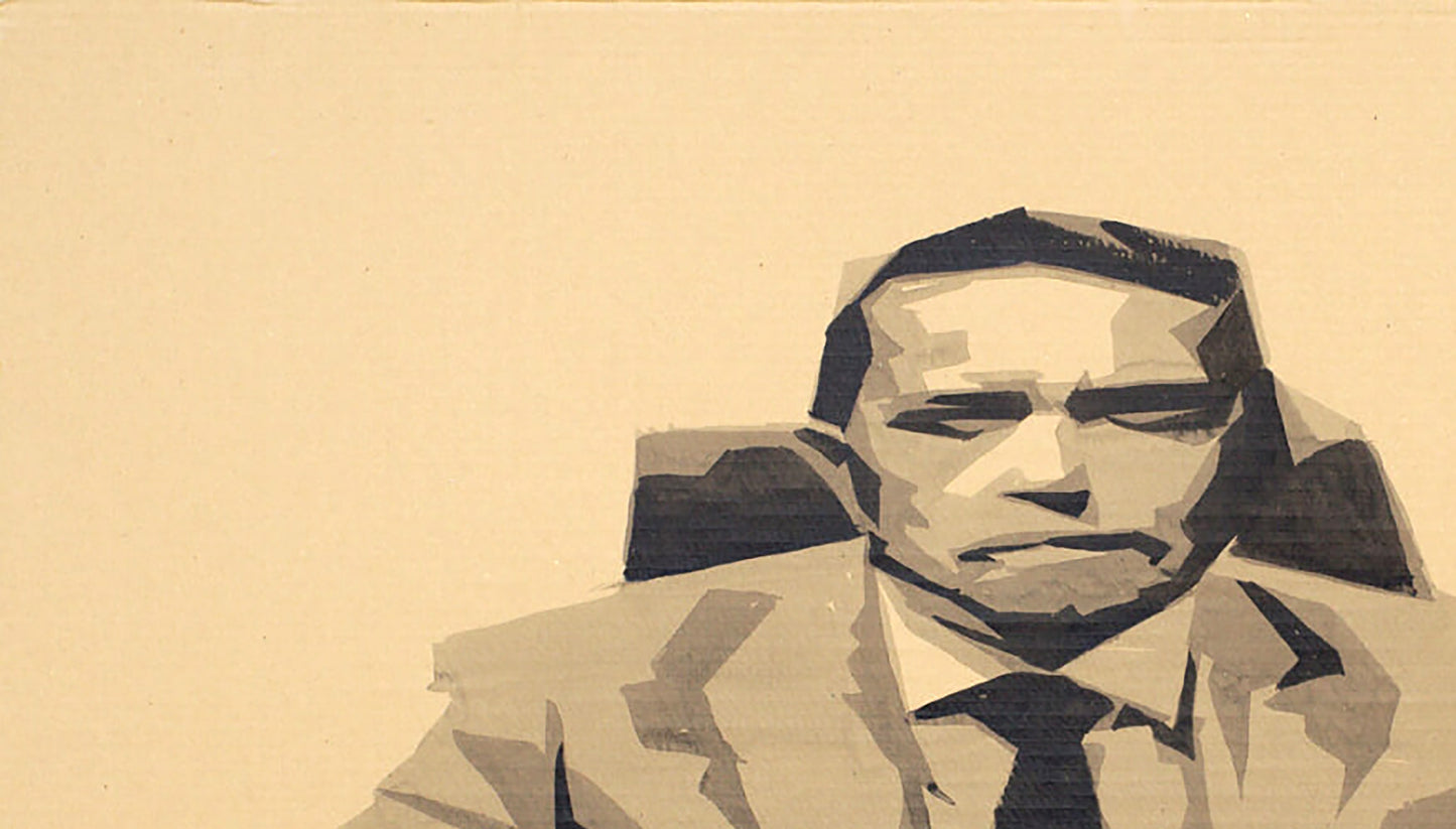 Sepia-toned geometric illustration of suited man by Dima Filatov for Ink painting Glue Master