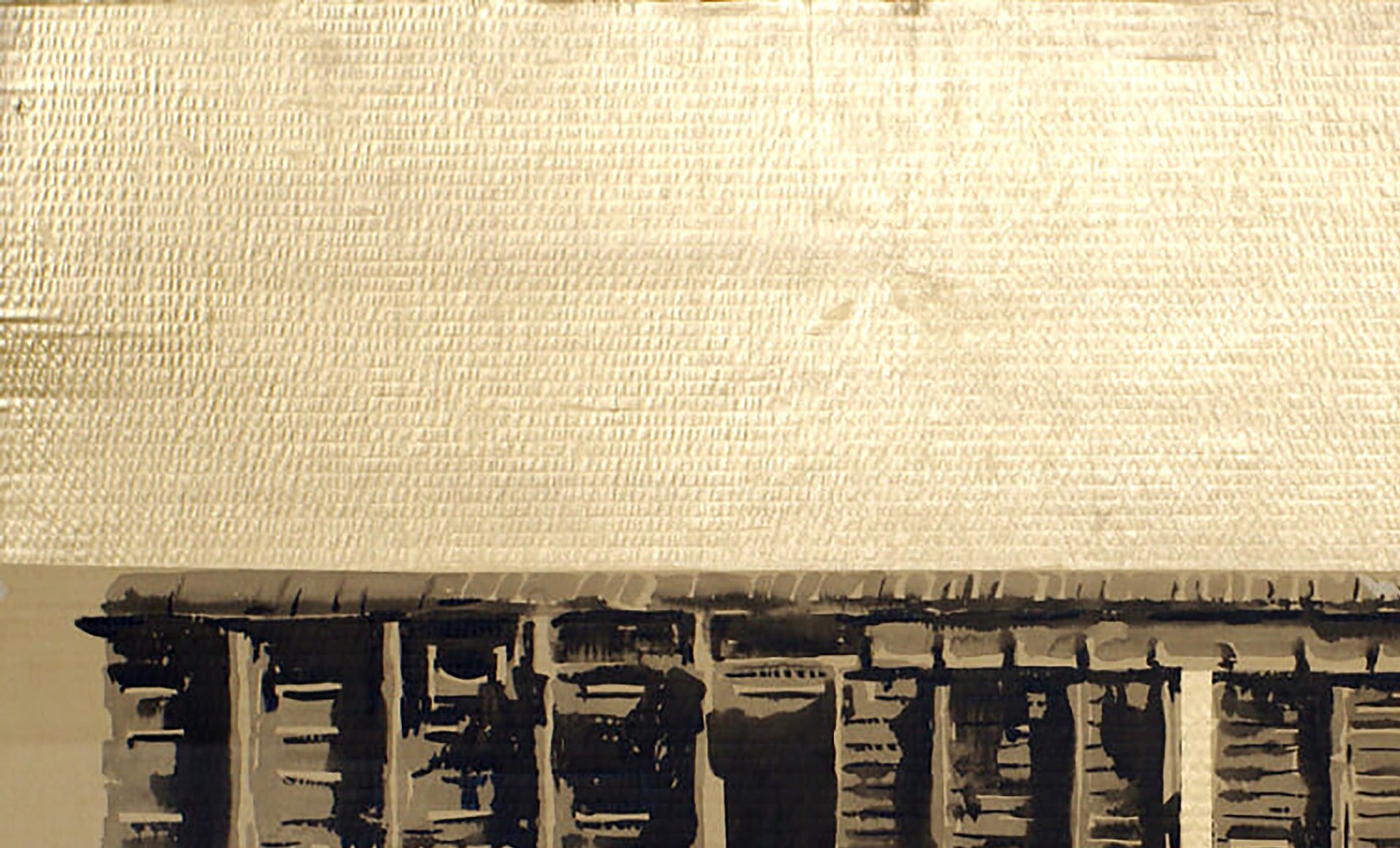 Textured beige fabric roof with dark wooden beams in Dima Filatov Wagon 42 acrylic painting