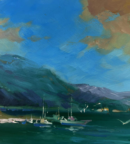 Serene impressionist oil painting of tranquil harbor by Yuriy Suprunchuk