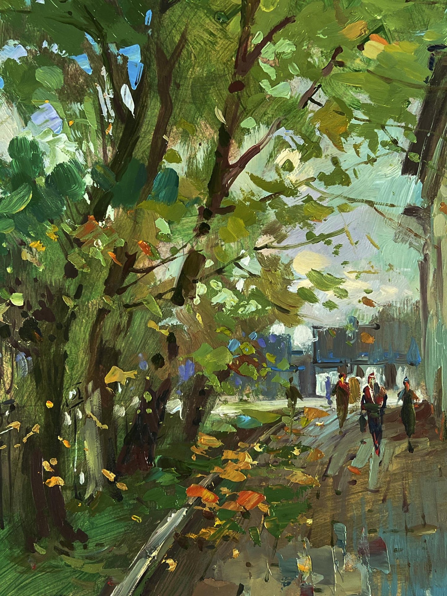 Vibrant oil painting by Yuriy Suprunchuk: tree-lined daytime city street
