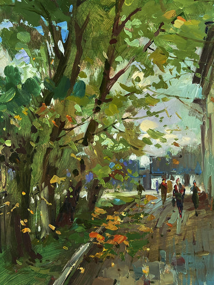 Vibrant oil painting by Yuriy Suprunchuk: tree-lined daytime city street