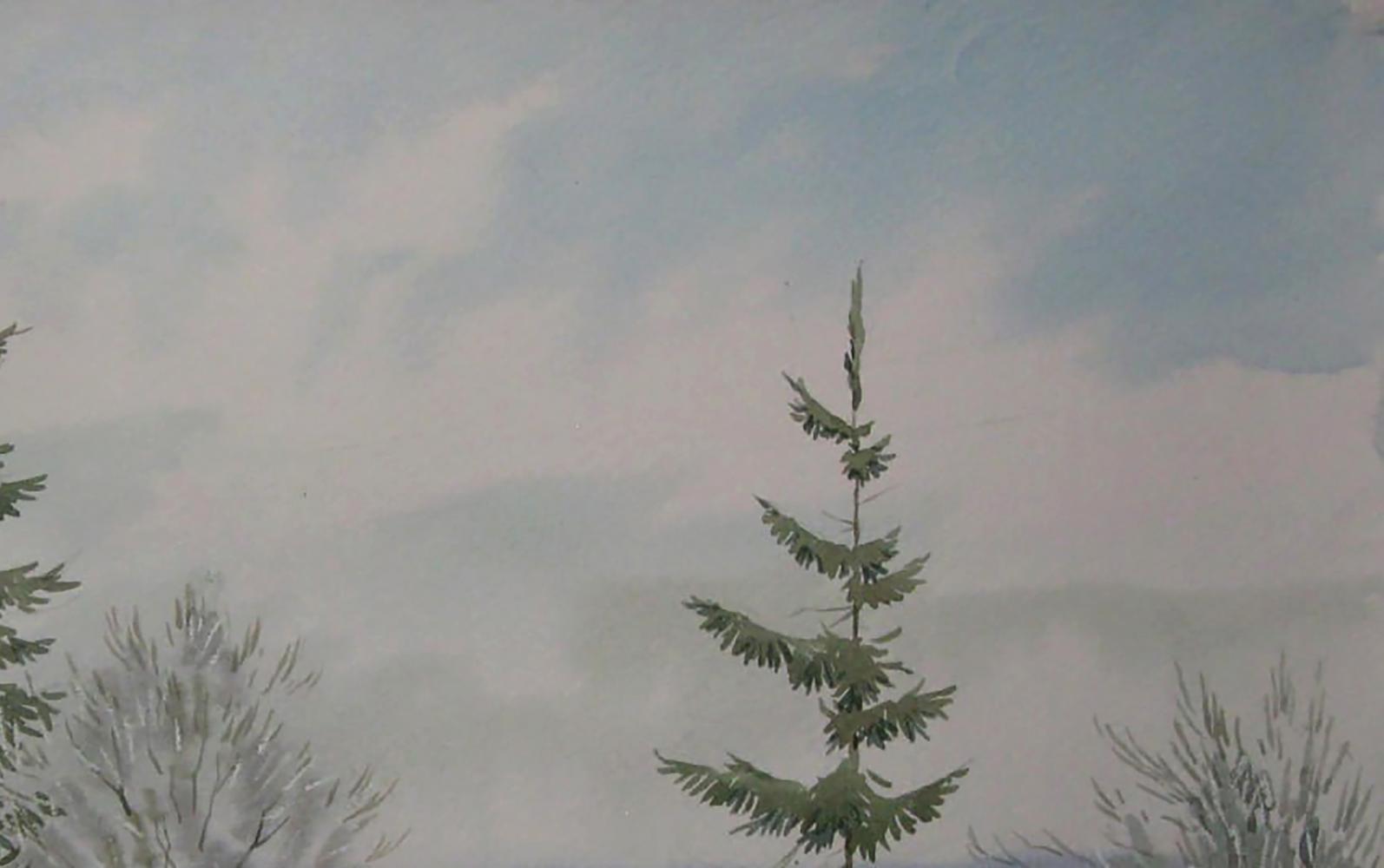 Watercolor evergreen tree in winter forest fog by Valery Savenets