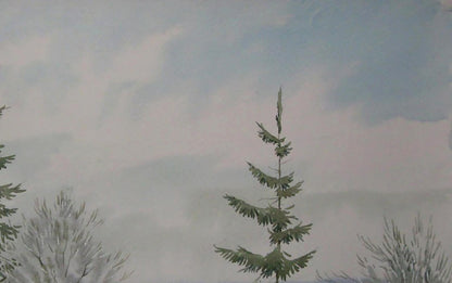 Watercolor evergreen tree in winter forest fog by Valery Savenets