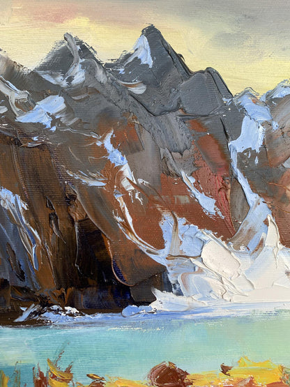 Textured oil painting of huge snow-dusted mountains by Tatyana Derdey