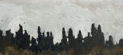 Oil painting House by the Forest by Volodymyr Pashchenko, abstract black silhouettes on white sky