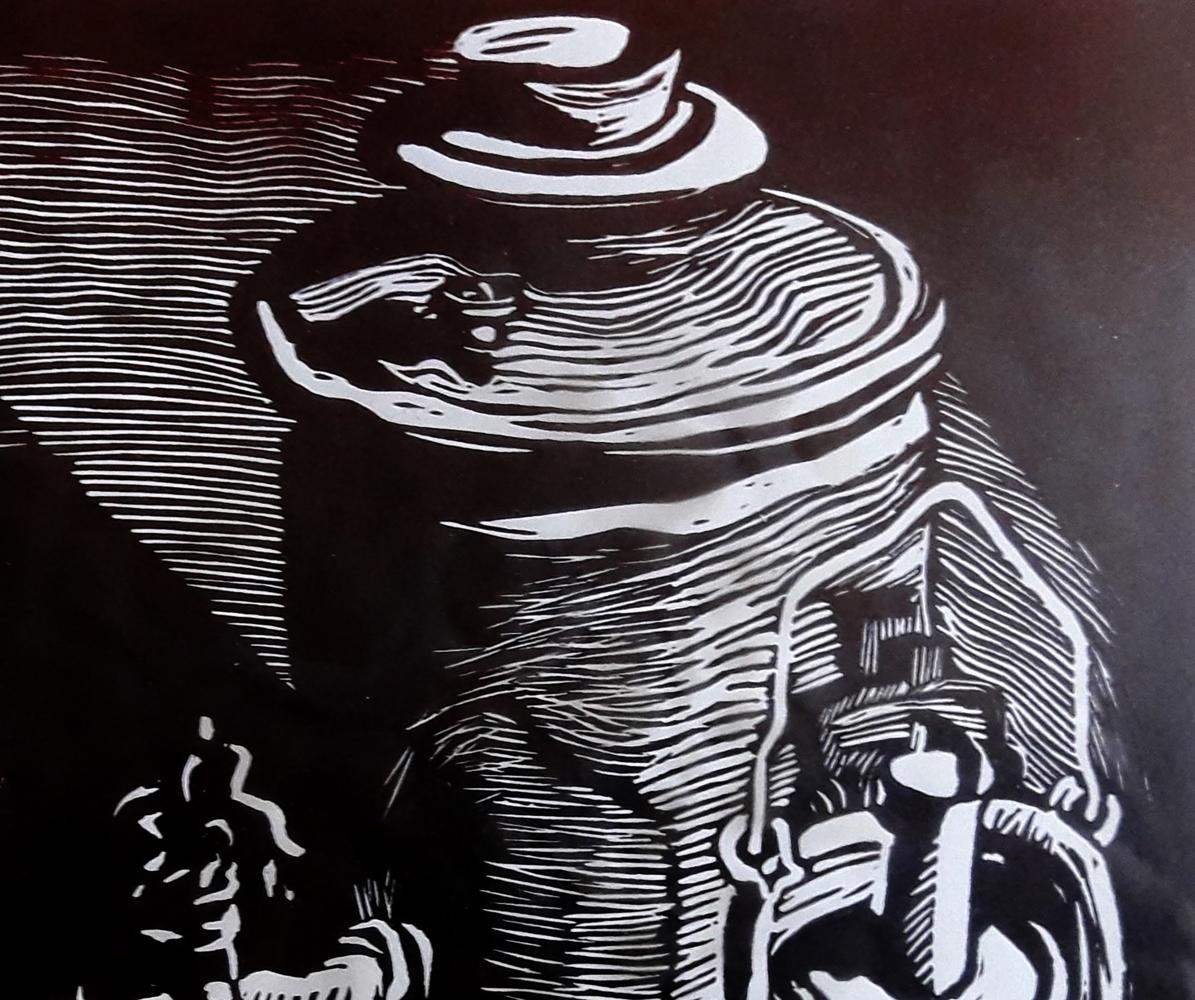 Black and white linocut of Vasily Korkishko dark samovar still life jar