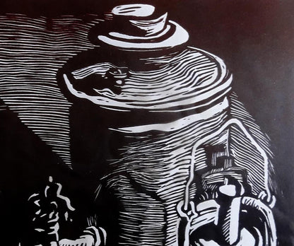 Black and white linocut of Vasily Korkishko dark samovar still life jar