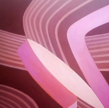 Oil painting Pink ribbon by Alexander Strashevich, pink white curved stripes on maroon
