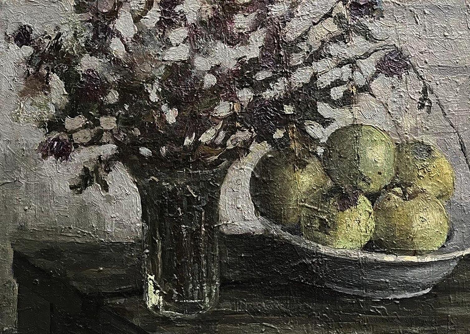 Oil painting by Volodymyr Pashchenko: vase of white purple flowers, green apples