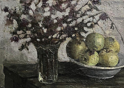 Oil painting by Volodymyr Pashchenko: vase of white purple flowers, green apples