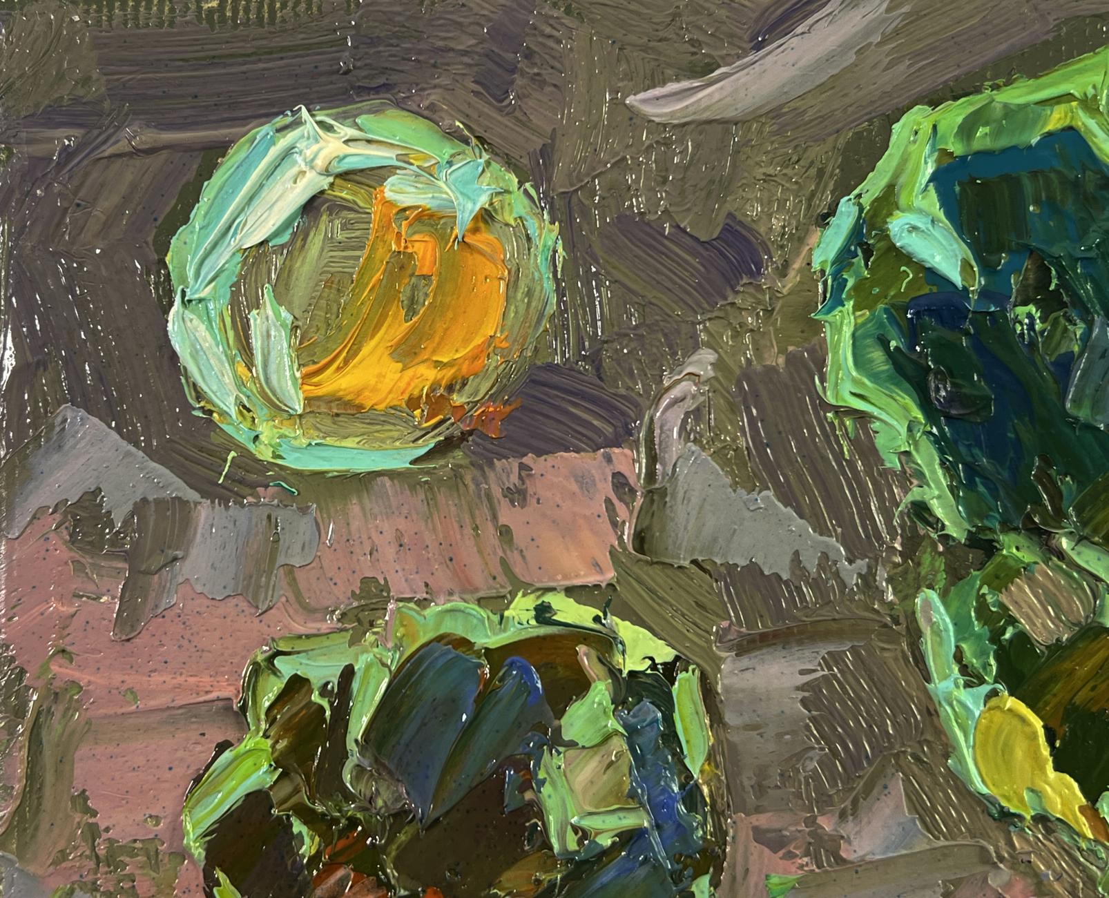 Oil painting Moonlit night by Oksana Ivanyuk with swirling green orange sphere