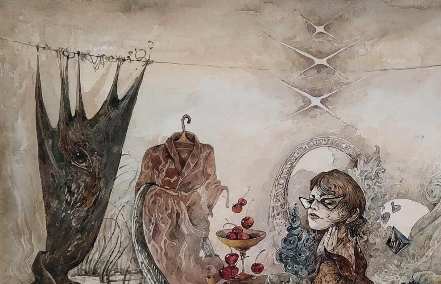Surreal watercolor woman with cherries by mirror, Dürer’s Rabbit TikTok art by Yuriy Laptev