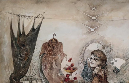 Surreal watercolor woman with cherries by mirror, Dürer’s Rabbit TikTok art by Yuriy Laptev