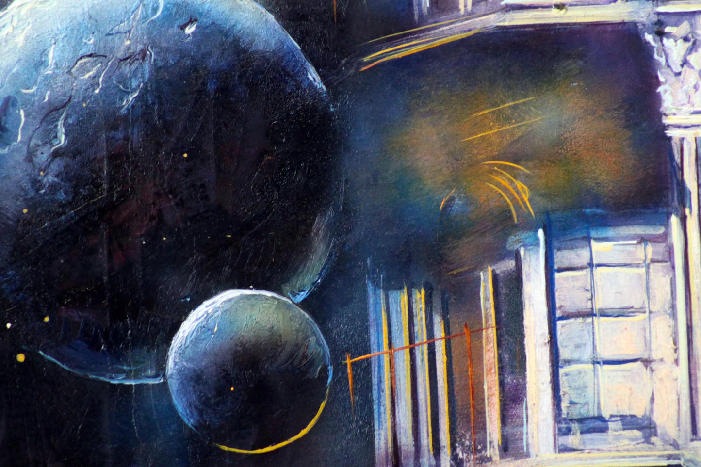 Textured dark blue black celestial oil painting Evening city by Alexander Dobrodiy