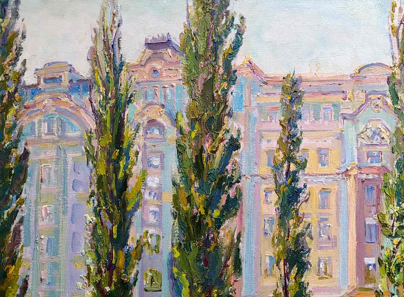 Vibrant impressionistic oil painting On the boulevard Leonid Pavlenko with green trees framing ornate facade