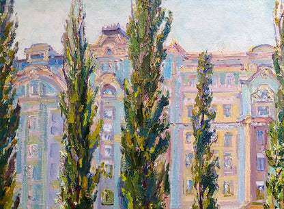 Vibrant impressionistic oil painting On the boulevard Leonid Pavlenko with green trees framing ornate facade