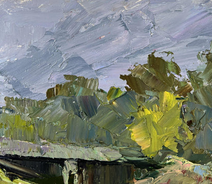 Impasto oil painting of Boris Serdyuk bridge over water in greens and yellows