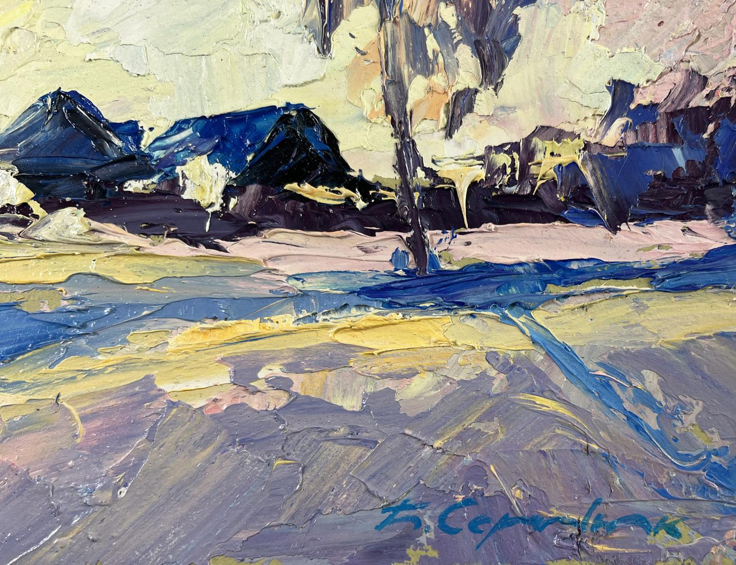 Impasto oil painting Winter silence by Boris Serdyuk with blue tree silhouette