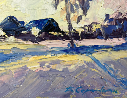 Impasto oil painting Winter silence by Boris Serdyuk with blue tree silhouette