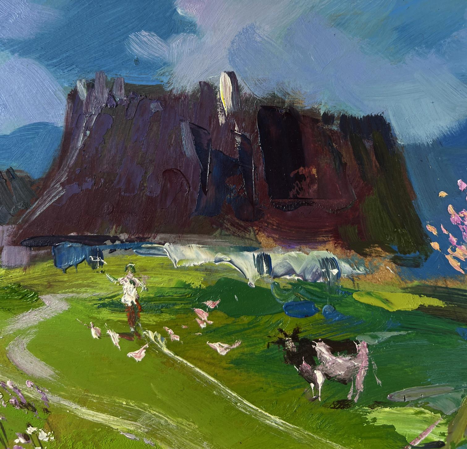 Oil painting of black-and-white cow in green field, quiet village on hill by Yuriy Suprunchuk
