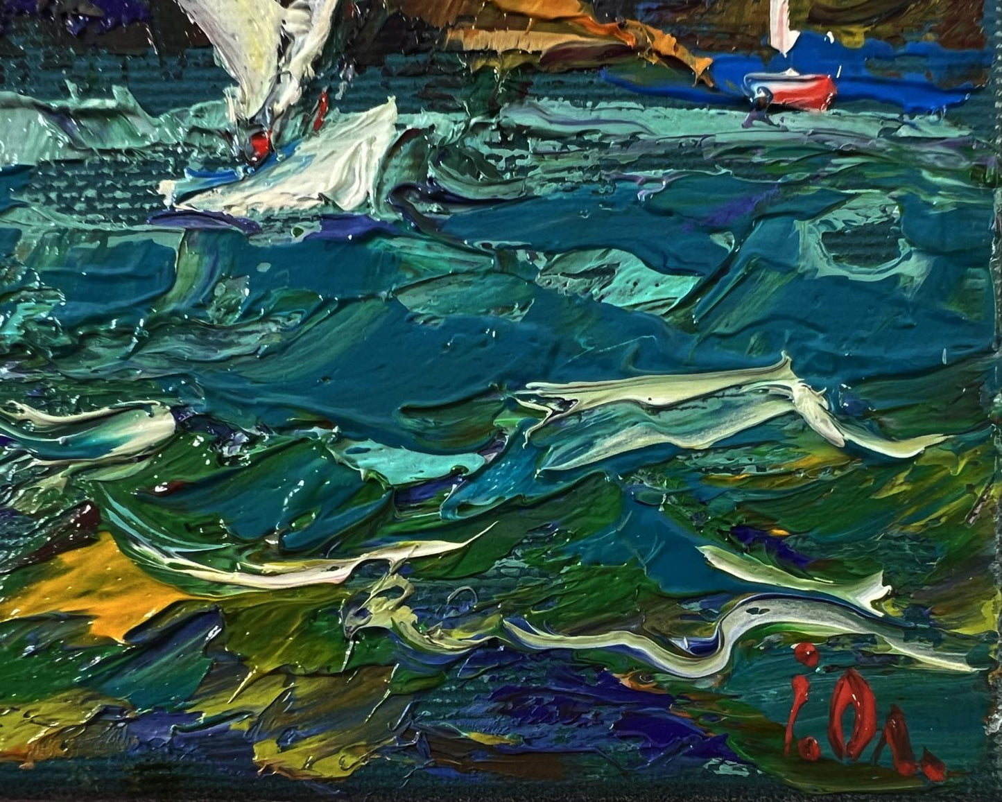 Vibrant oil painting of sailboat on choppy teal waters by Oleksiy Ivanyuk