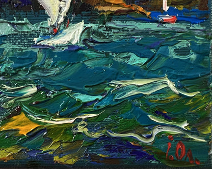 Vibrant oil painting of sailboat on choppy teal waters by Oleksiy Ivanyuk