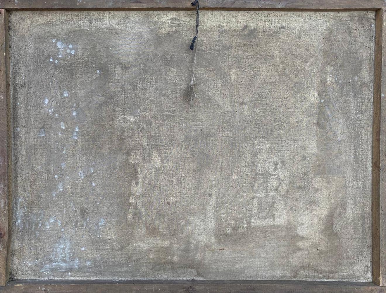 Weathered gray canvas in rustic wooden frame of Oil painting At the village well