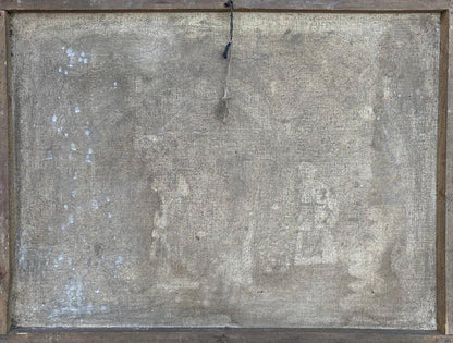 Weathered gray canvas in rustic wooden frame of Oil painting At the village well