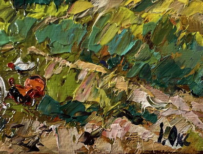 Oil painting of chickens in village yard by Oksana Ivanyuk