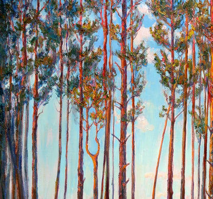 Vibrant impressionist oil painting of pine forest by Leonid Pavlenko