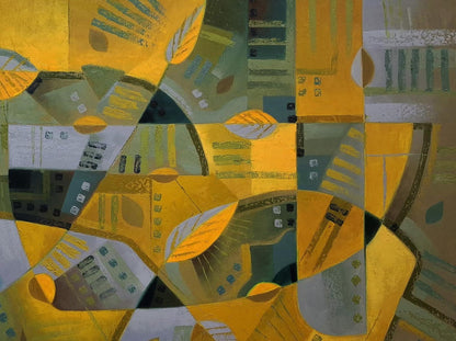 Oil painting October wind by Sergiy Voichenko: yellow, green, gray geometric shapes