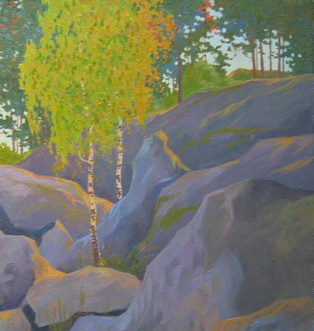 Oil painting Among the Stones by Valery Savenets: birch amid purple rocks
