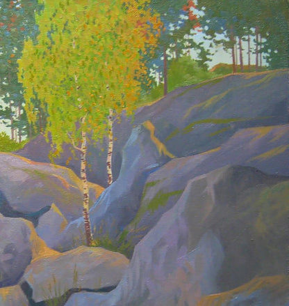 Oil painting Among the Stones by Valery Savenets: birch amid purple rocks