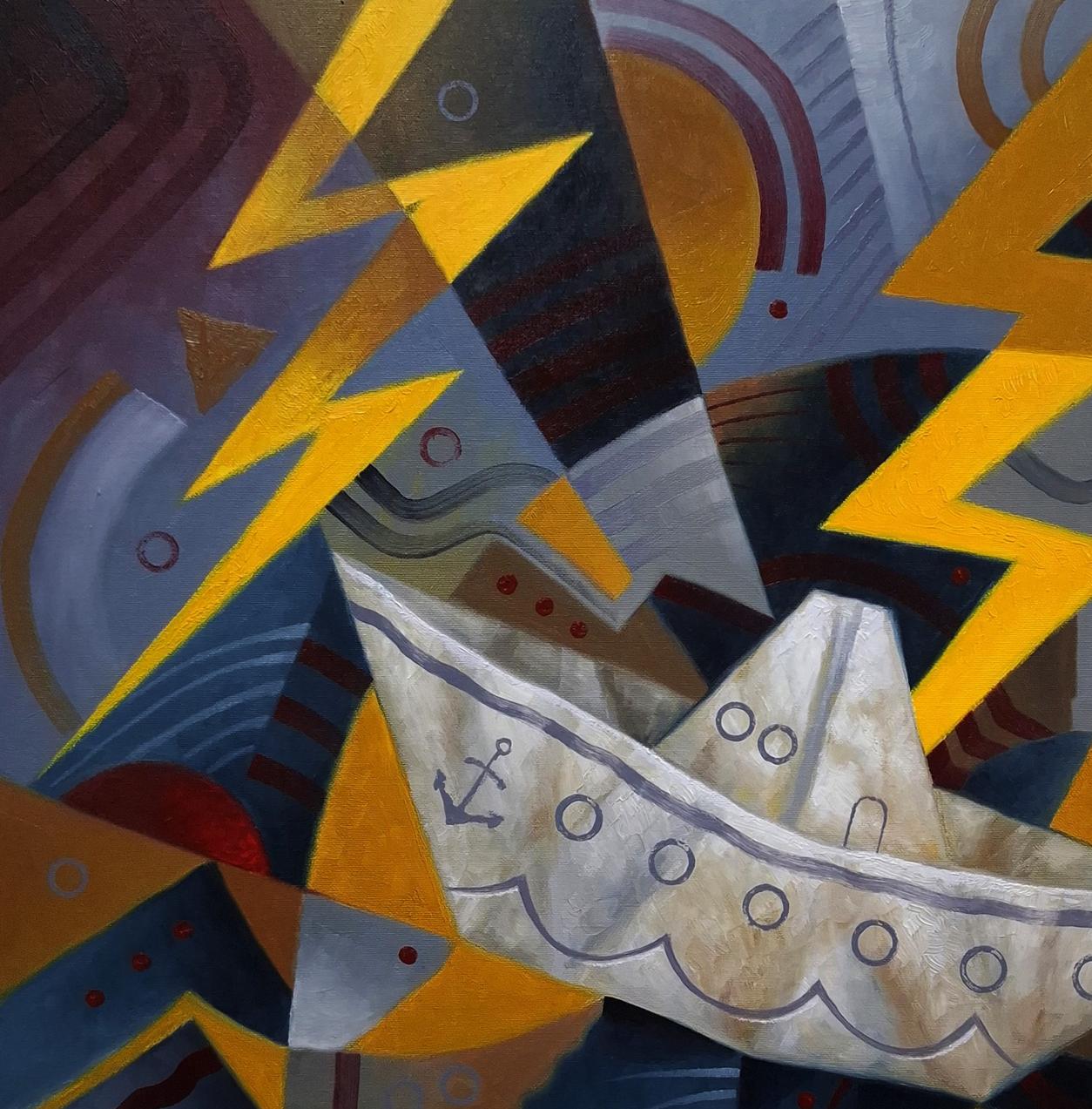 Oil painting of white paper ship with black anchor in yellow lightning storm by Sergiy Voichenko