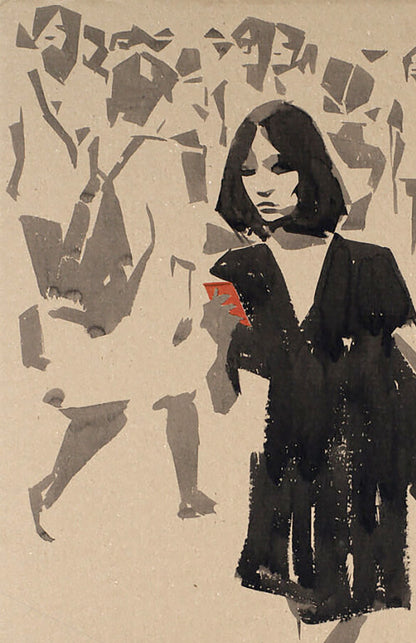 Stylized black-and-white watercolor painting Messenger Dima Filatov, woman in dark coat holding red object