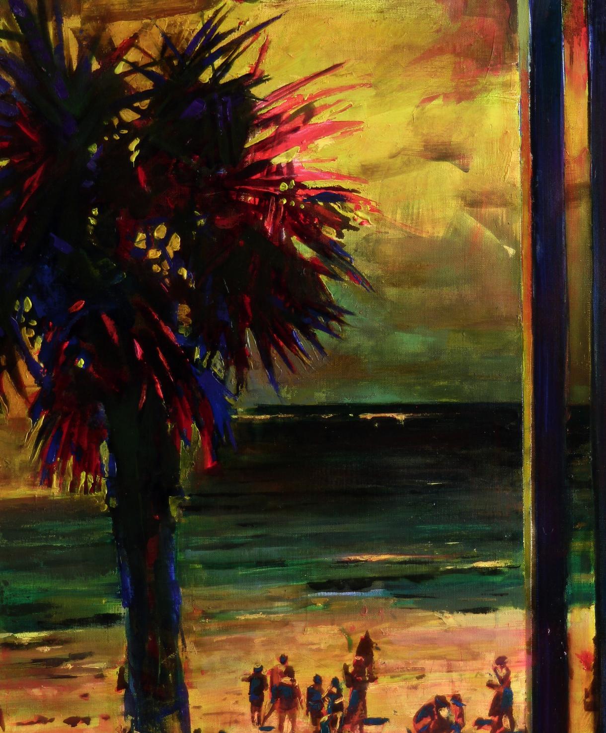 Oil painting of vibrant red-blue palm tree on yellow beach sky by Ed Potapenkov