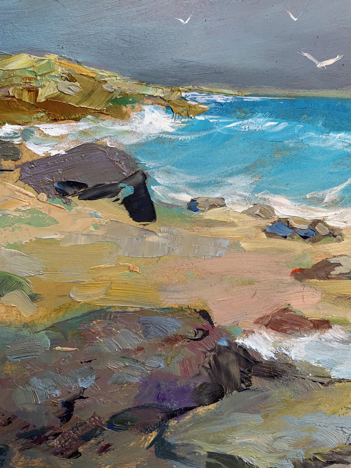Textured oil painting of white seagulls on turquoise seashore cliffs by Yuriy Suprunchuk